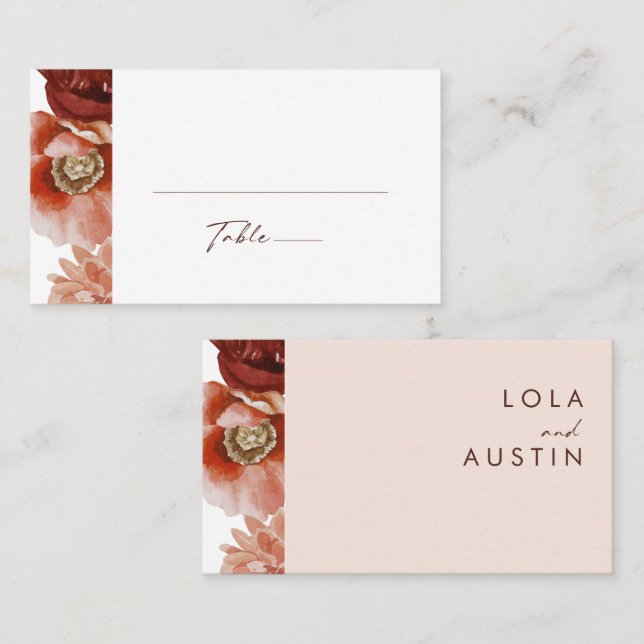 Marsala Autumn Floral | Blush Flat Wedding Place Card (Front/Back)