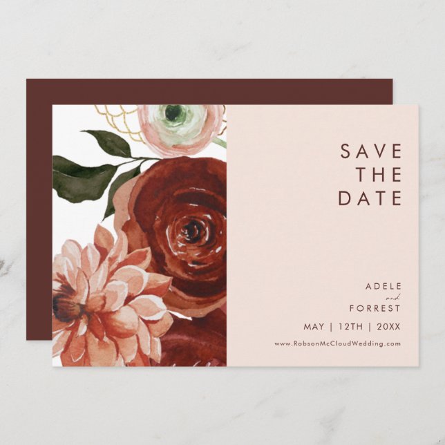 Marsala Autumn Floral | blush Horizontal Save The Date (Front/Back)