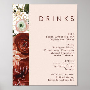 Marsala Autumn Floral   Blush Wedding Drinks Menu Poster