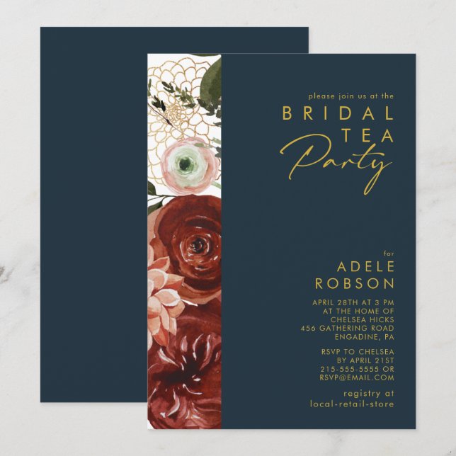 Marsala Autumn Floral | Navy Bridal Tea Party Invitation (Front/Back)