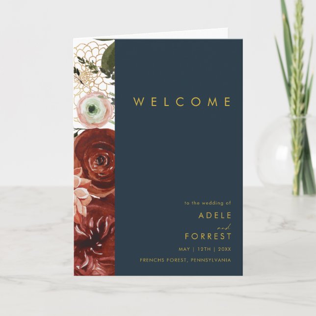 Marsala Autumn Floral | Navy Folded Wedding Program (Front)