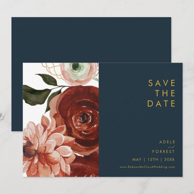 Marsala Autumn Floral | Navy Horizontal Save The Date (Front/Back)