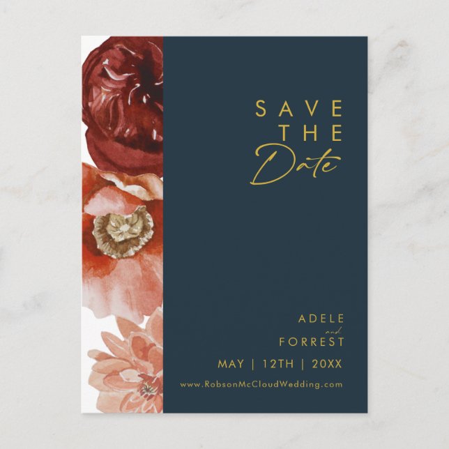 Marsala Autumn Floral Navy Save The Date Postcard (Front)