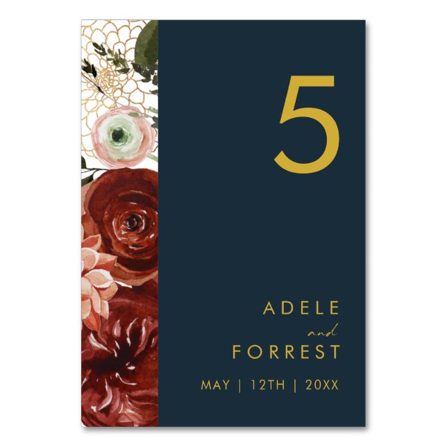 Marsala Autumn Floral | Navy Table Number (Front)