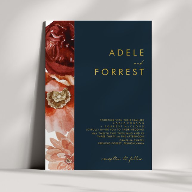 Marsala Autumn Floral | Navy Wedding Invitation (Creator Uploaded)