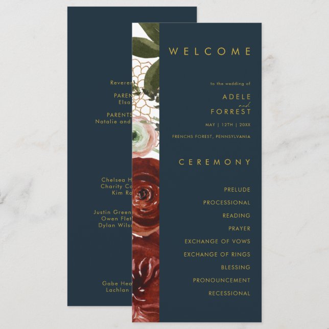 Marsala Autumn Floral | Programme de mariage de la (Devant / Derrière)