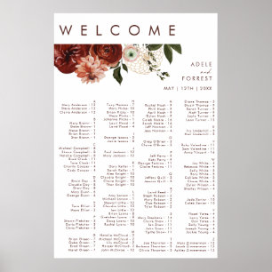 Marsala Autumn Floral   White Alphabetical Seating Poster