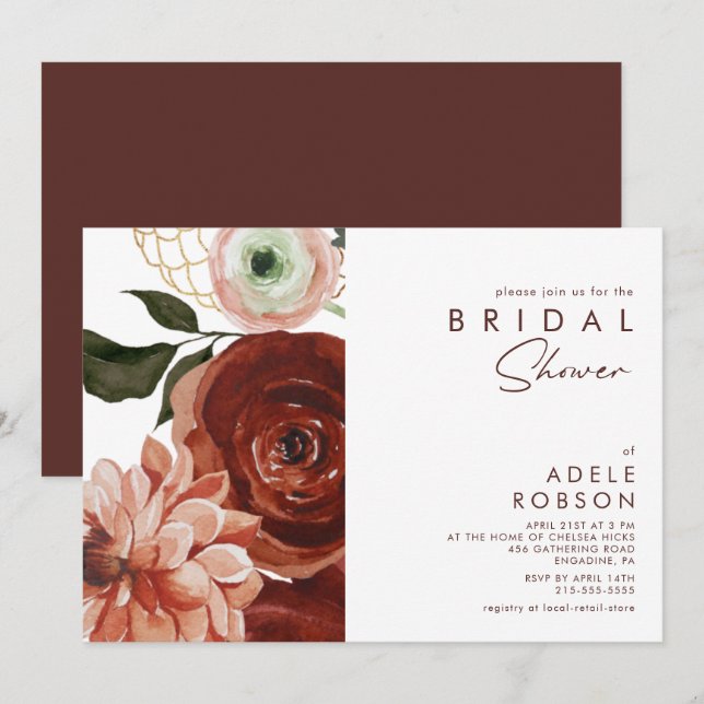Marsala Autumn Floral | White Bridal Shower Invitation (Front/Back)