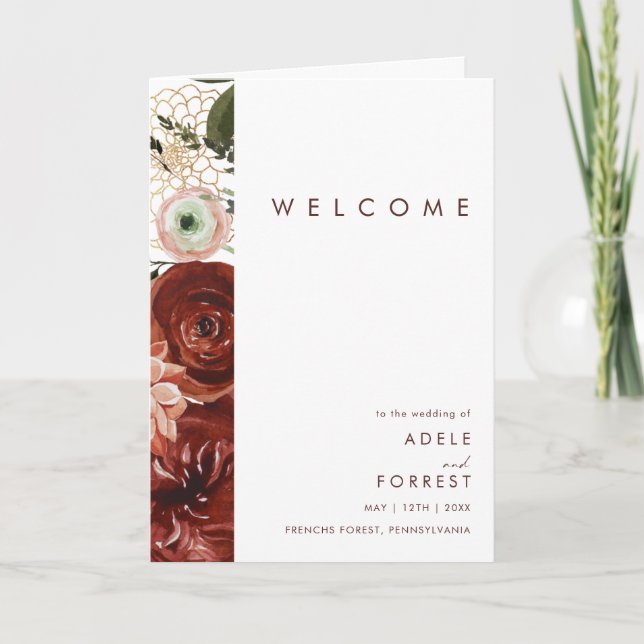 Marsala Autumn Floral | White Folded Wedding Program (Front)