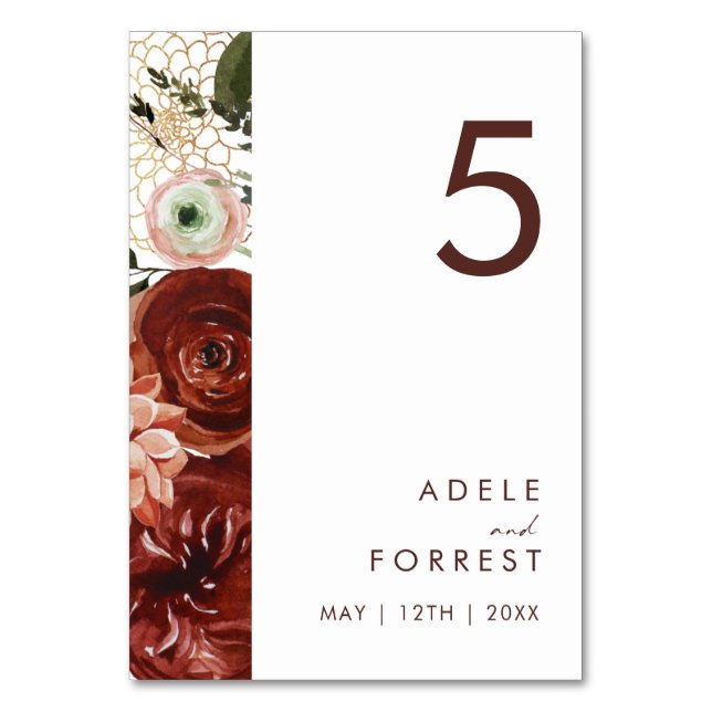 Marsala Autumn Floral | White Table Number (Front)