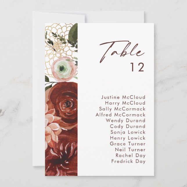 Marsala Autumn Floral | White Table Number Chart (Front)