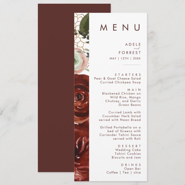 Marsala Autumn Floral | White Wedding Dinner Menu (Front/Back)