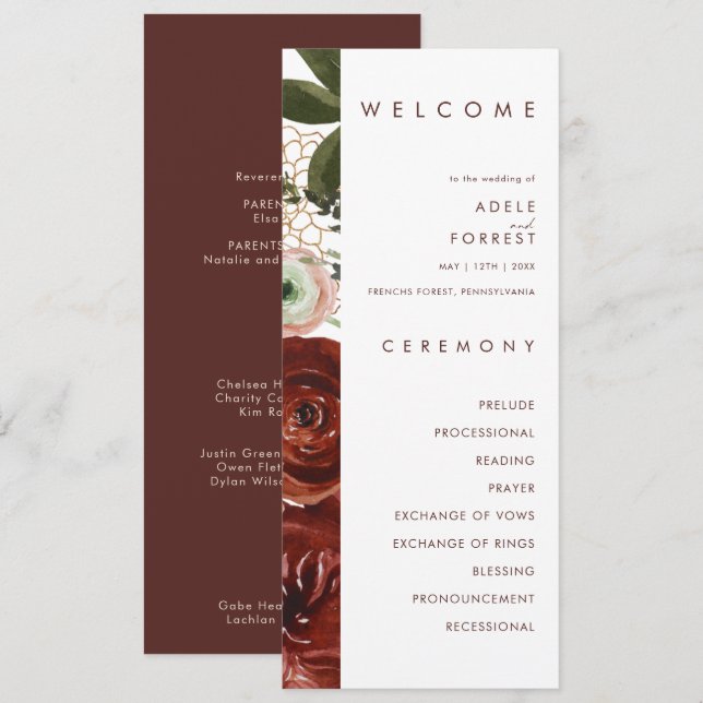 Marsala Autumn Floral | White Wedding Program (Front/Back)