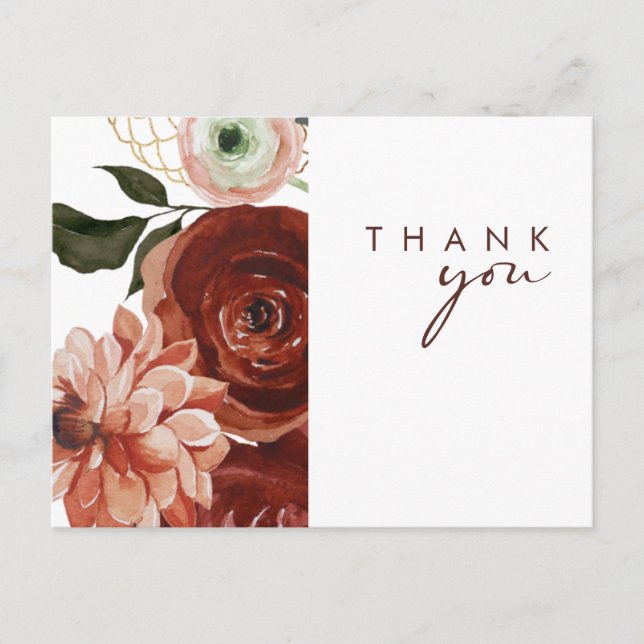 Marsala Autumn Floral | White Wedding Thank You Postcard (Front)
