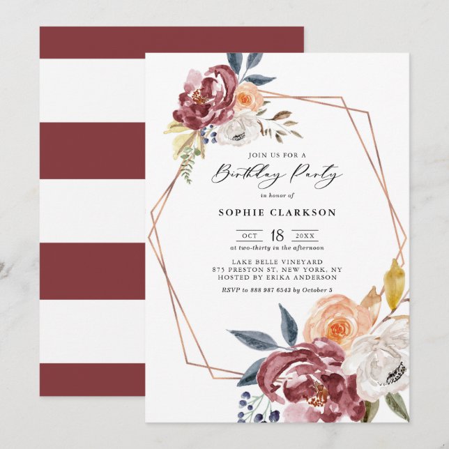 Marsala Autumn Flowers Geometric Birthday Party Invitation (Front/Back)