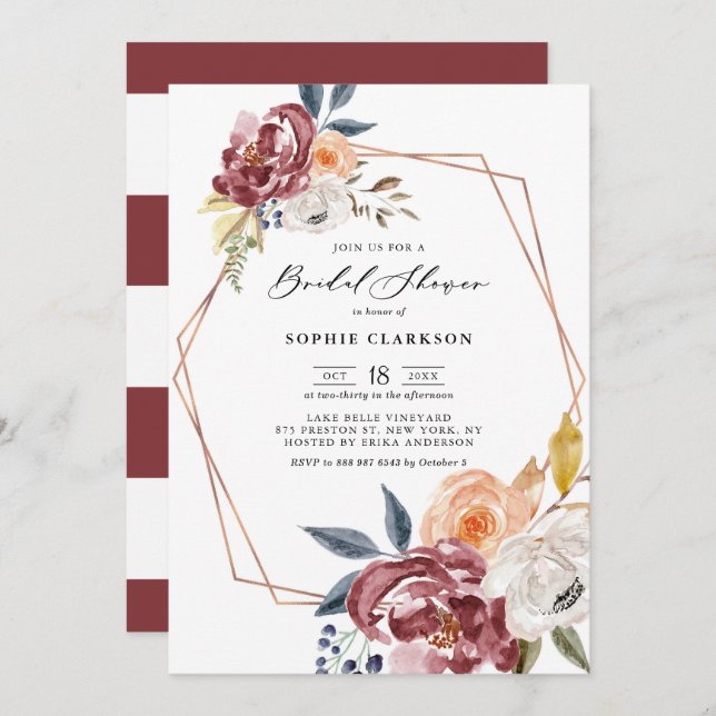 Marsala Autumn Flowers Geometric Bridal Shower Invitation (Front/Back)