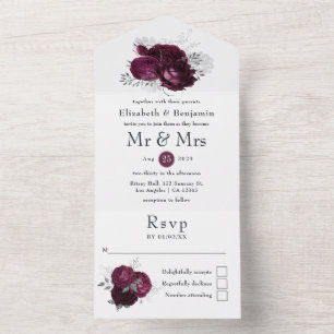 Marsala, Black and Silver Floral Wedding All In On One Invitation