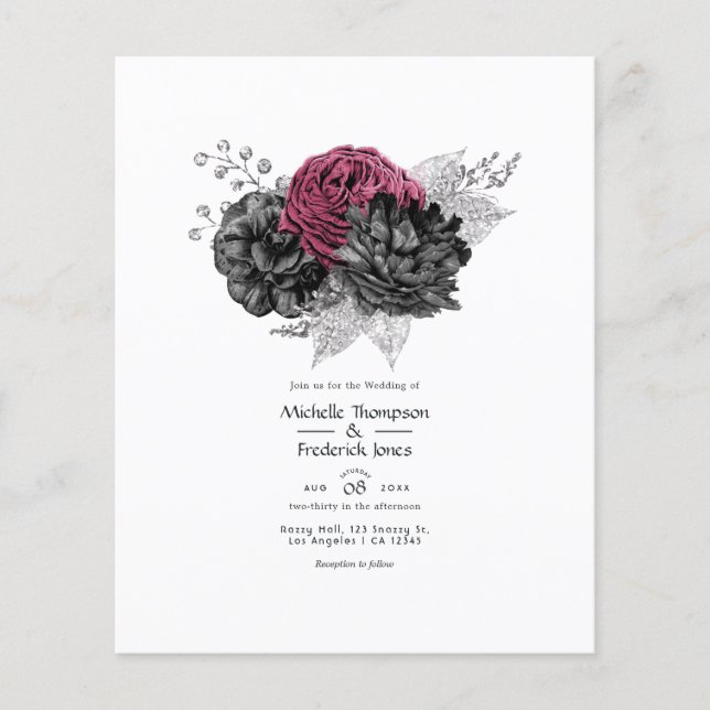 Marsala, Black and Silver Floral Wedding Flyer (Front)