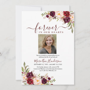 Marsala Blush Boho Memorial Service Funeral Photo Invitation