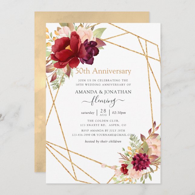 Marsala & Blush Geometric 50th Wedding Anniversary Invitation (Front/Back)