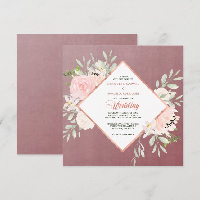 Marsala Blush Rose Floral Frame Faire-part de mari (Devant / Derrière)