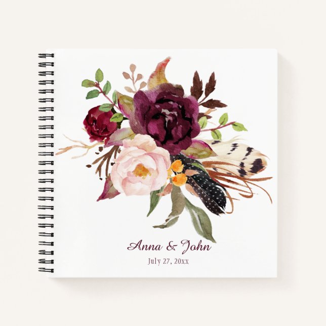 Marsala Boho Aquarelle Floral Mariage Livre d'or (Devant)
