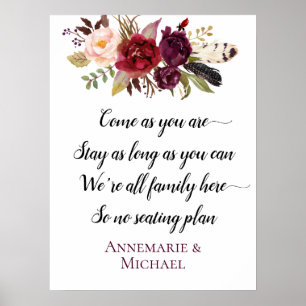 Marsala Boho Floral No Seating Plan Wedding Sign