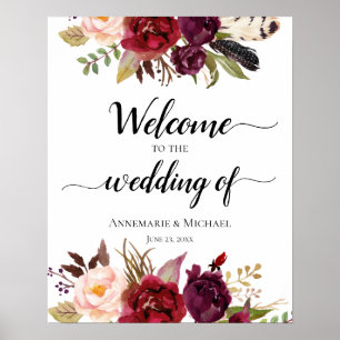 Marsala Boho Watercolor Floral Wedding Sign