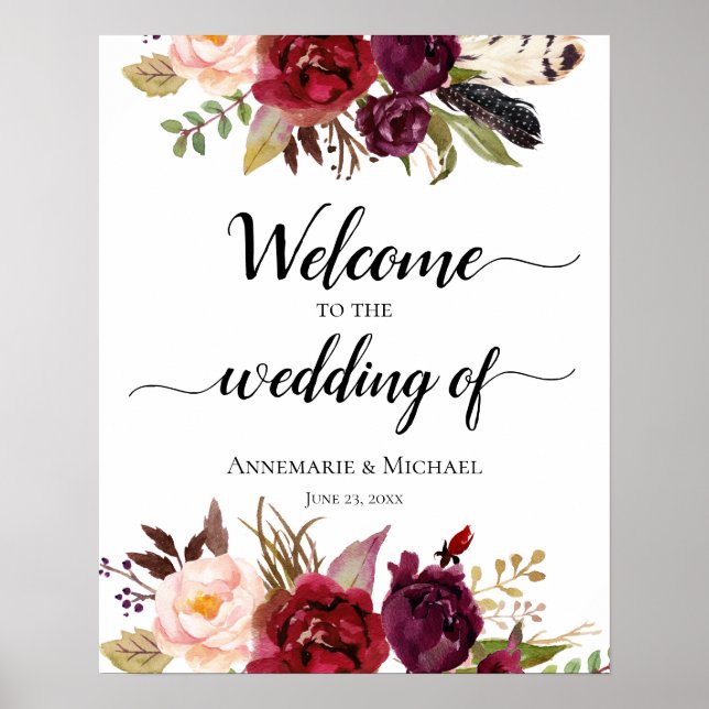 Marsala Boho Watercolor Floral Wedding Sign (Front)