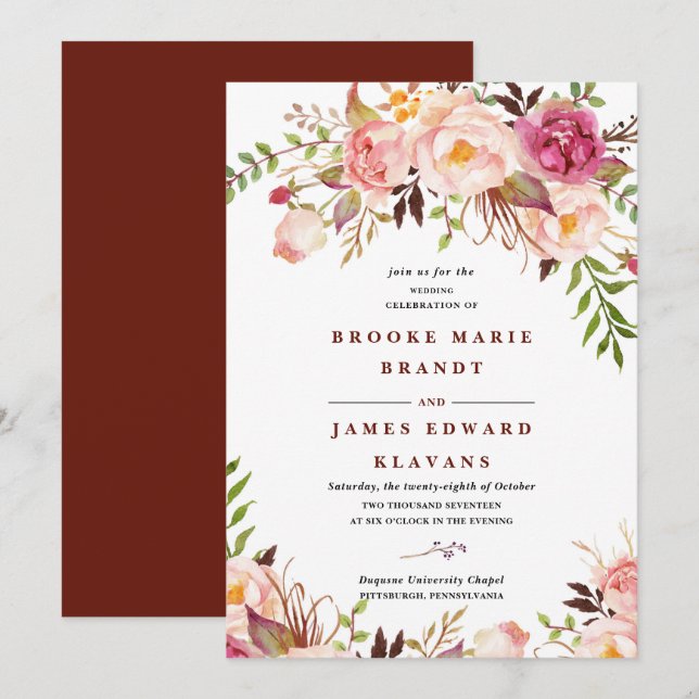 marsala bordeaux Blush Boho Faire-part de mariage (Devant / Derrière)