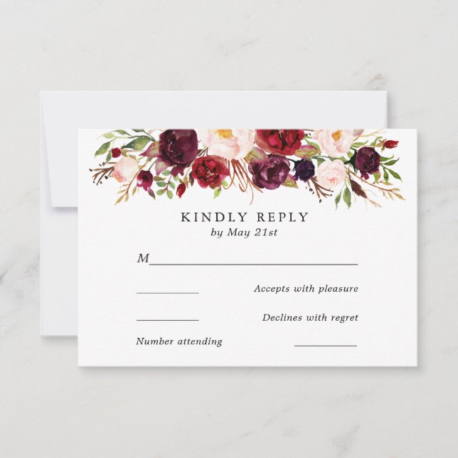 Marsala Bourgogne Fleurs Mariage Carte RSVP (Devant)