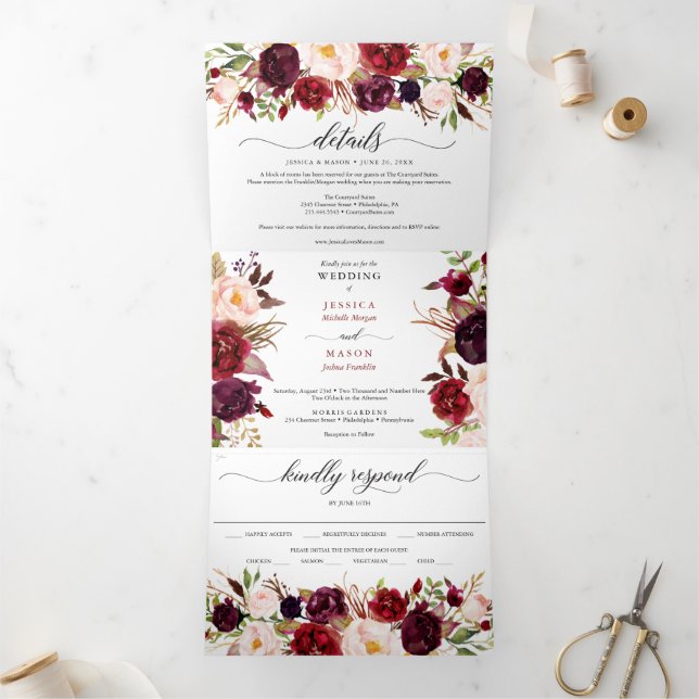 Marsala Bourgogne Mariage Tri-Fold Invitations (Intérieur)