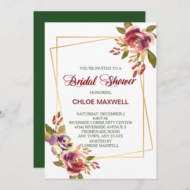 Marsala Bronze Roses Invitation de douche nuptiale (Devant / Derrière)