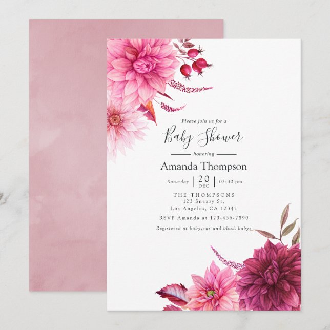 Marsala - Burgundy and Blush Floral Baby Shower Invitation (Front/Back)