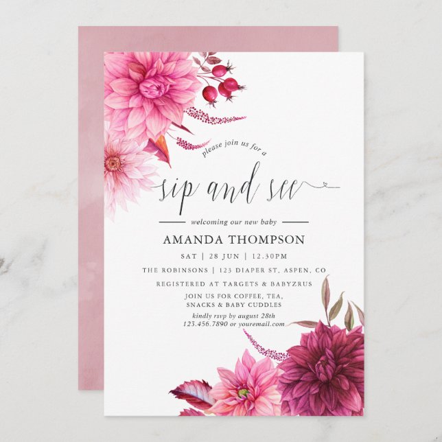 Marsala - Burgundy and Blush Floral Sip and See Invitation (Front/Back)