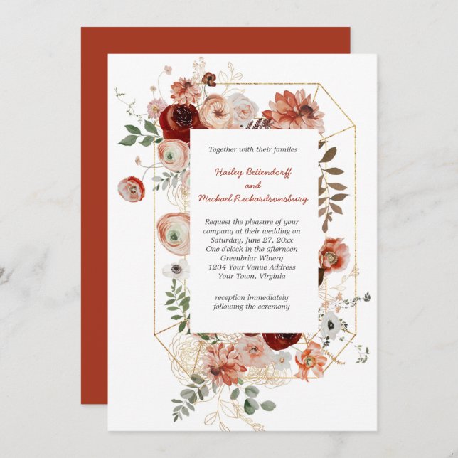 Marsala Burgundy Blush Fall Floral Wedding Invitation (Front/Back)