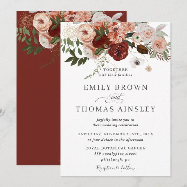 Marsala Burgundy Blush Orange Greenery Wedding  Invitation (Front/Back)