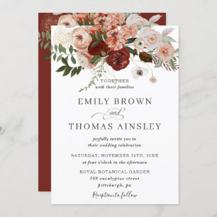 Marsala Burgundy Blush Orange Greenery Wedding Invitation