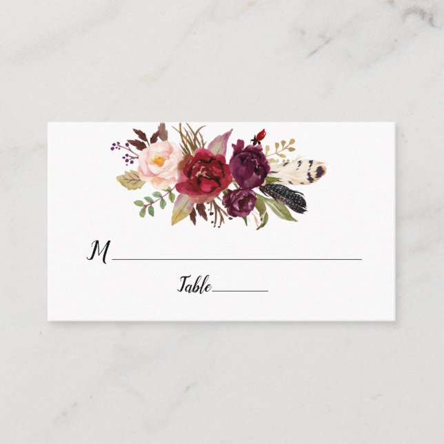 Marsala Burgundy Boho Roses Flat Place Cards (Front)