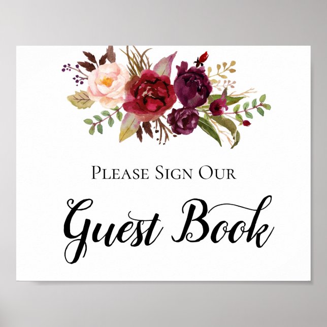 Marsala Burgundy Boho Roses Guest Book Sign (Front)