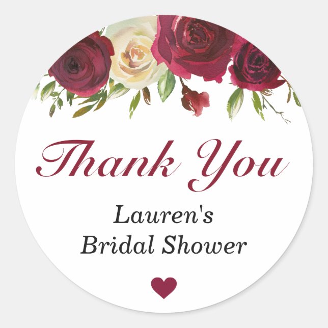 Marsala Burgundy Fall Gift Bridal Shower Thank You Classic Round Sticker (Front)