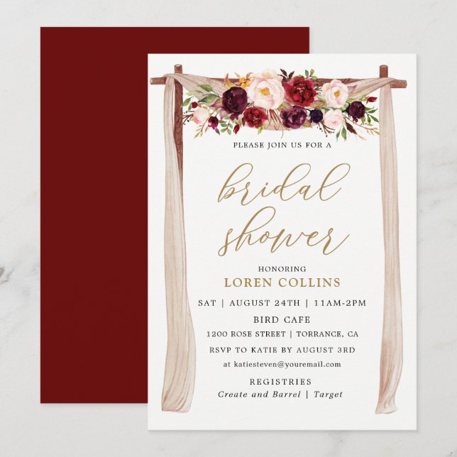 Marsala Burgundy Floral Arch Boho Bridal Shower Invitation (Front/Back)