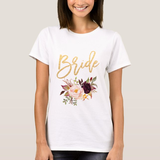 Marsala burgundy Floral bride white T-Shirt (Front)