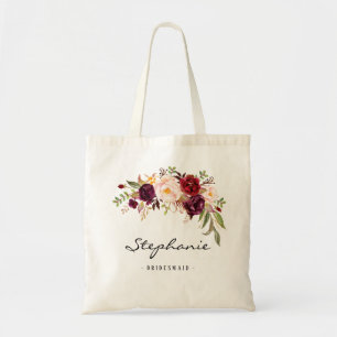 Marsala burgundy floral Bridesmaid Personalized Tote Bag
