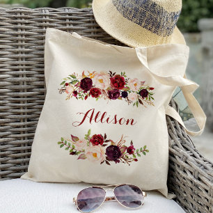 Marsala burgundy floral Bridesmaid Personalized Tote Bag
