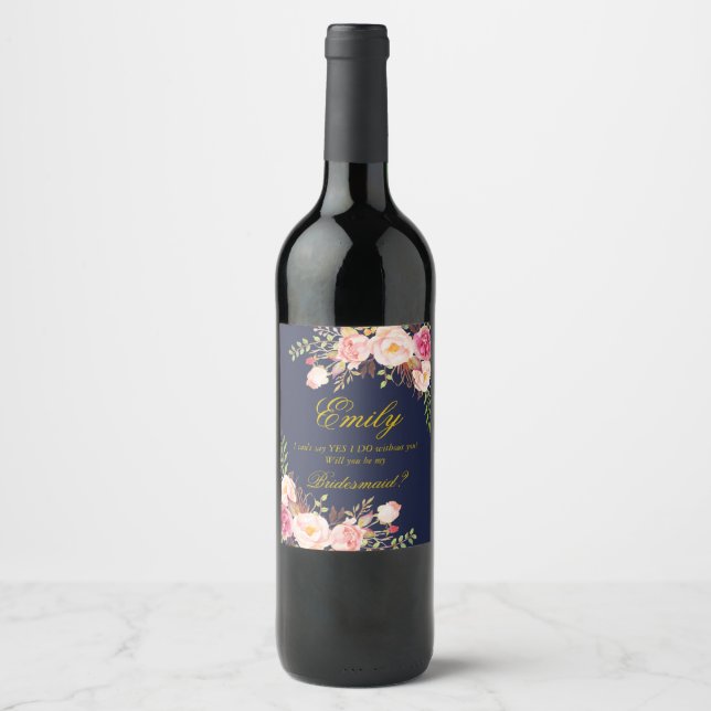 Marsala Burgundy Floral Bridesmaid Proposal-2 Wine Label (Front)