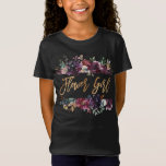 Marsala Burgundy Floral Gold Foil Flower Girl T-Shirt<br><div class="desc">This beautiful, modern floral Flower Girl t-shirt design features a watercolor bouquet of marsala, navy blue, burgundy and eucalyptus greenery that is split. In the middle the title "Flower Girl" is positioned, written in a cute, modern hand lettered script and sans serif typography in faux gold foil. Great for a...</div>