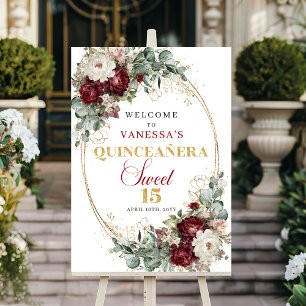 Marsala Burgundy Floral Gold Quinceanera Welcome Poster