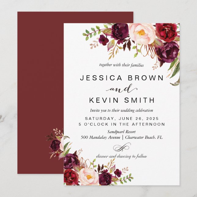 Marsala burgundy floral invitation (Front/Back)