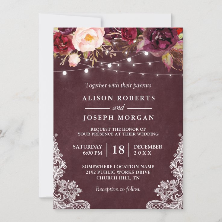 Marsala Burgundy Floral Lace String Lights Wedding Invitation | Zazzle